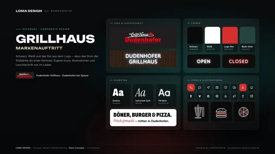 Brand identity: Logo and neon sign, colours, typefaces and custom icons for the grill house