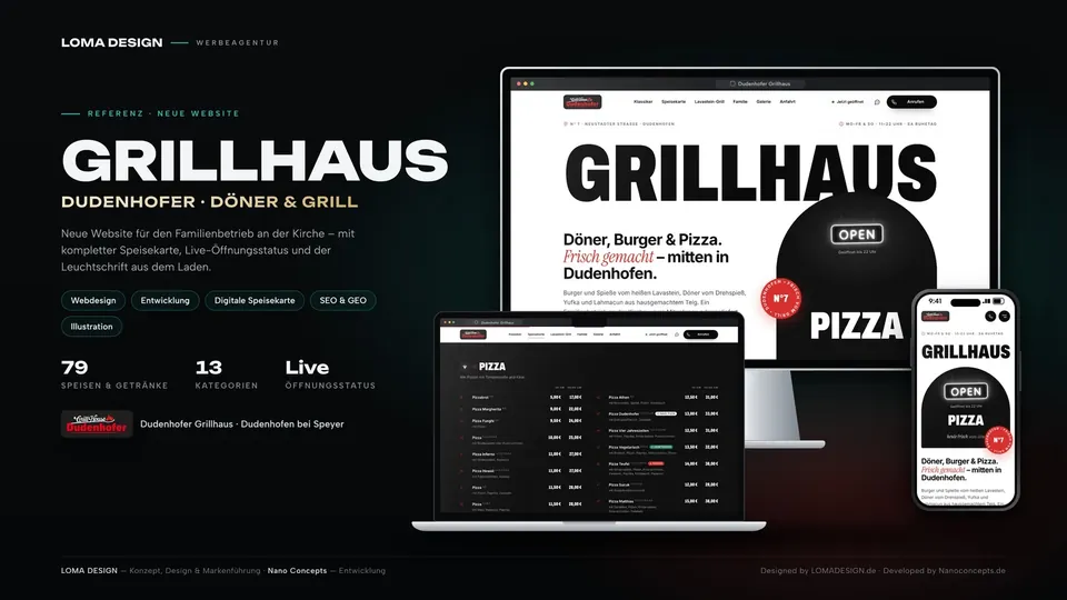 Dudenhofer Grillhaus: new website on a monitor, laptop, and smartphone