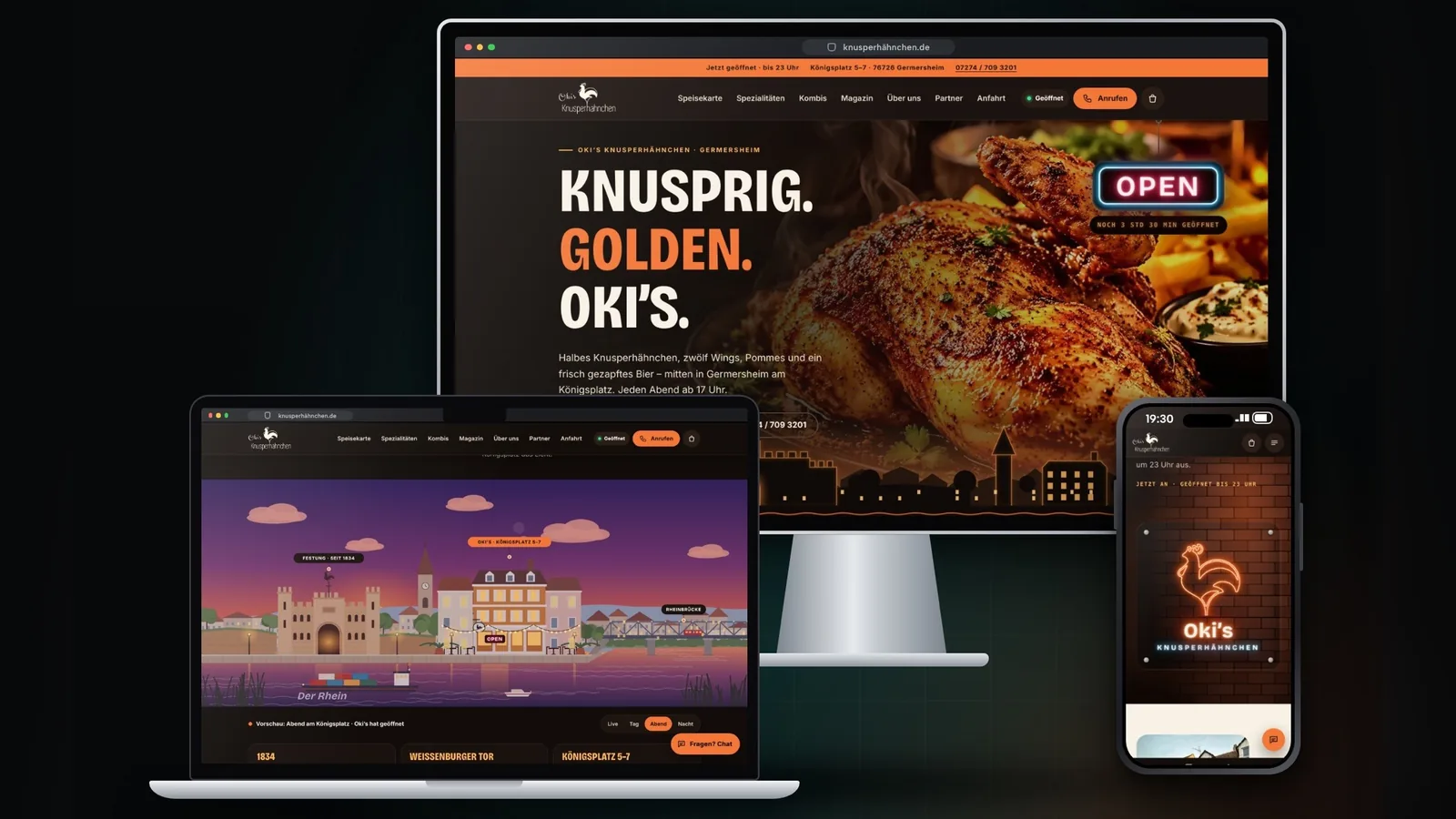 Oki's Knusperhähnchen: new website with neon rooster and illustrated panorama on a monitor, laptop, and smartphone