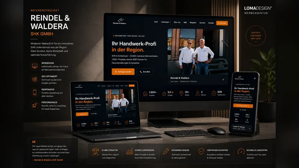 Reindel & Waldera: new website on a monitor, laptop, and smartphone on a dark presentation board