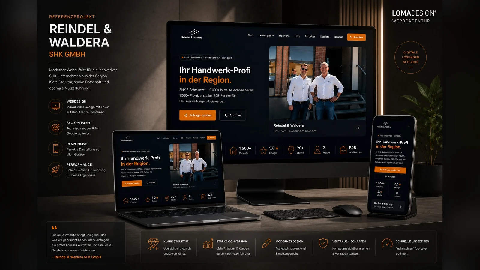 Reindel & Waldera: new website on a monitor, laptop, and smartphone on a dark presentation board