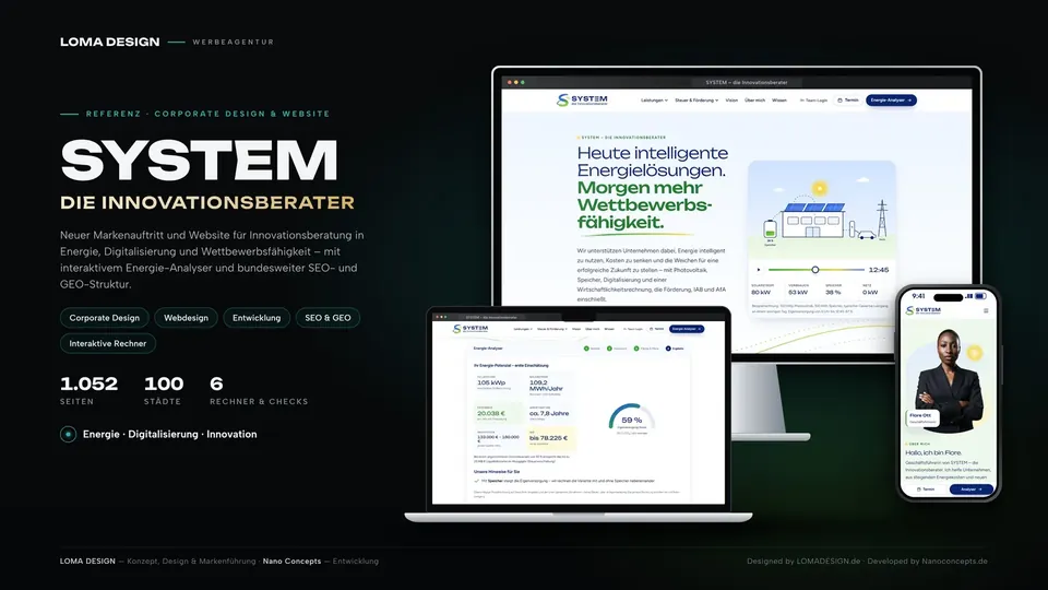 SYSTEM – die Innovationsberater: website with Energy Analyzer on a monitor, laptop, and smartphone