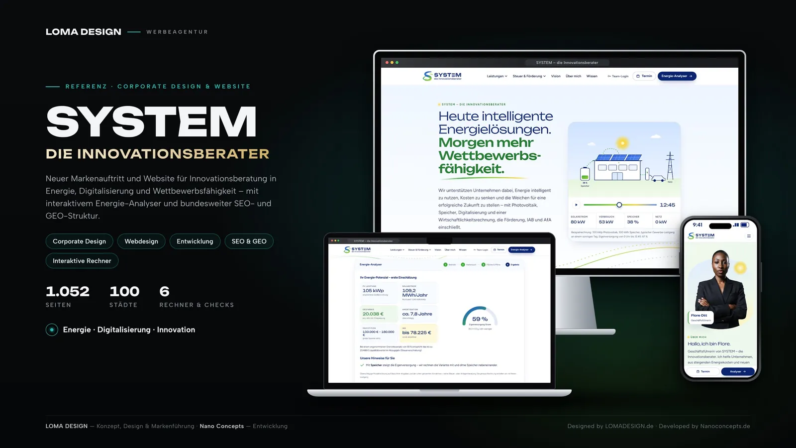 SYSTEM – die Innovationsberater: website with Energy Analyzer on a monitor, laptop, and smartphone